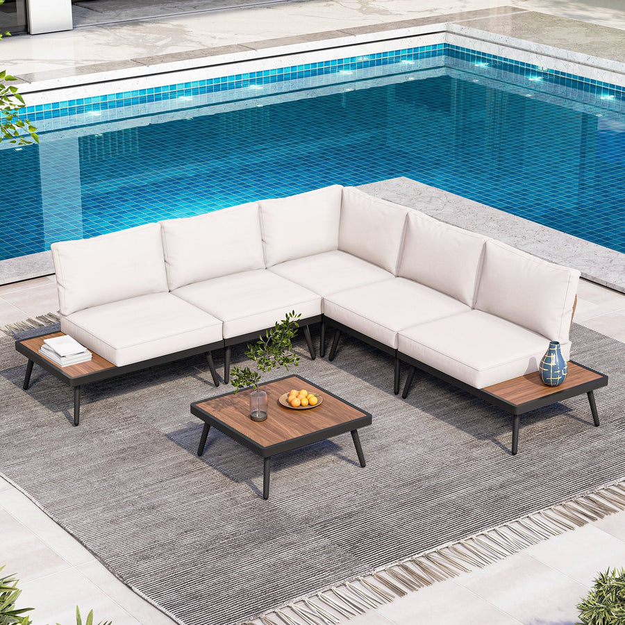 LAUSAINT HOME 6-Piece Patio Furniture Set, Metal Conversation Sofa Set with 5 Chairs, 1 Coffee Table and Plush Beige Cushions