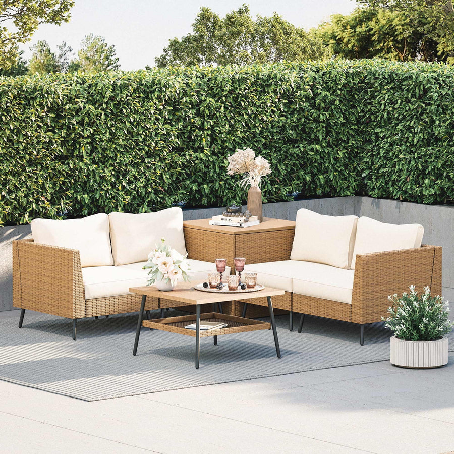 LAUSAINT HOME 6 Pieces Patio Furniture Set with Storage Compartment, Outdoor Natural Color Rattan Sofa with Plush Beige Cushions