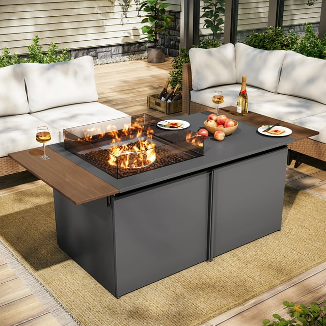 LAUSAINT HOME 64" Gas Fire Pit Table for Outside Patio, 55,000 BTU Propane Firepit with Foldable Wood Grain Tabletop & Amber Glass Beads, Black