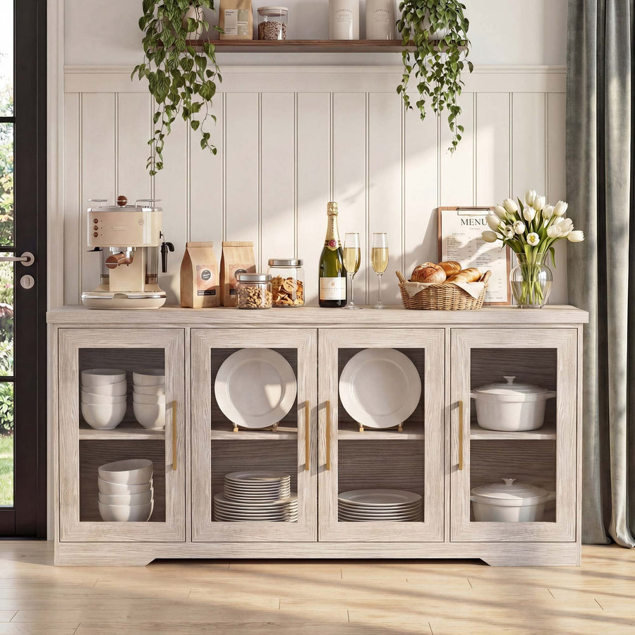 LAUSAINT HOME 66'' Large Sideboard Buffet Cabinet with Storage, Kitchen Storage with Glass Doors & Adjustable Shelves, Accent Farmhouse Wood Coffee Bar Table for Kitchen, Living Room