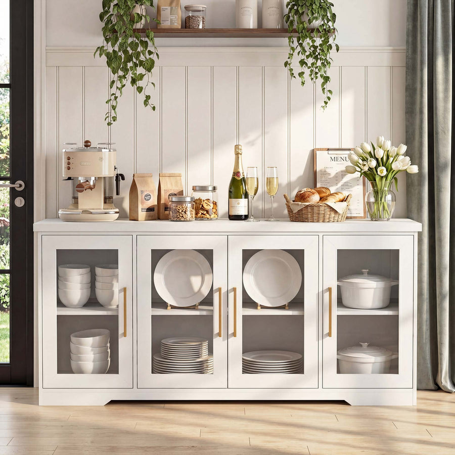LAUSAINT HOME 66'' Large Sideboard Buffet Cabinet with Storage, Kitchen Storage with Glass Doors & Adjustable Shelves, Accent Farmhouse Wood Coffee Bar Table for Kitchen, Living Room