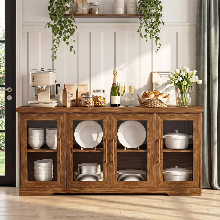 LAUSAINT HOME 66'' Large Sideboard Buffet Cabinet with Storage, Kitchen Storage with Glass Doors & Adjustable Shelves, Accent Farmhouse Wood Coffee Bar Table for Kitchen, Living Room