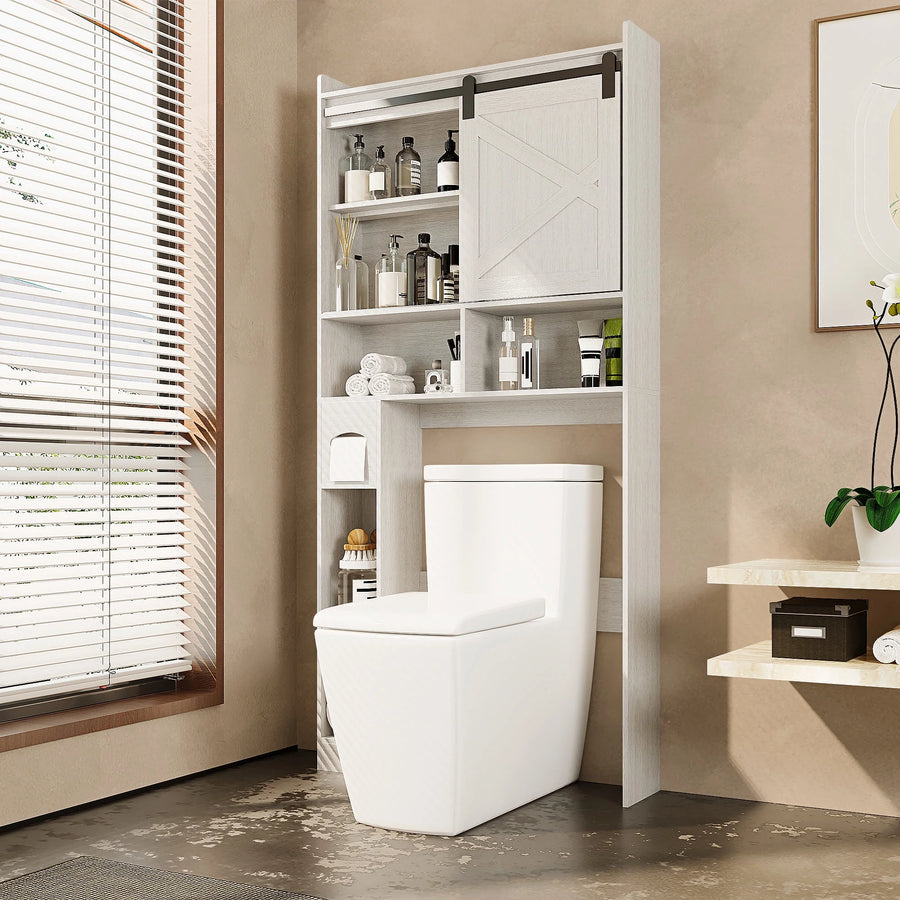 LAUSAINT HOME 67'' Over The Toilet Storage Cabinet, Freestanding Bathroom Shelf with Doors, Adjustable Shelf, Anti-Tip, White Space-Saving Organizer
