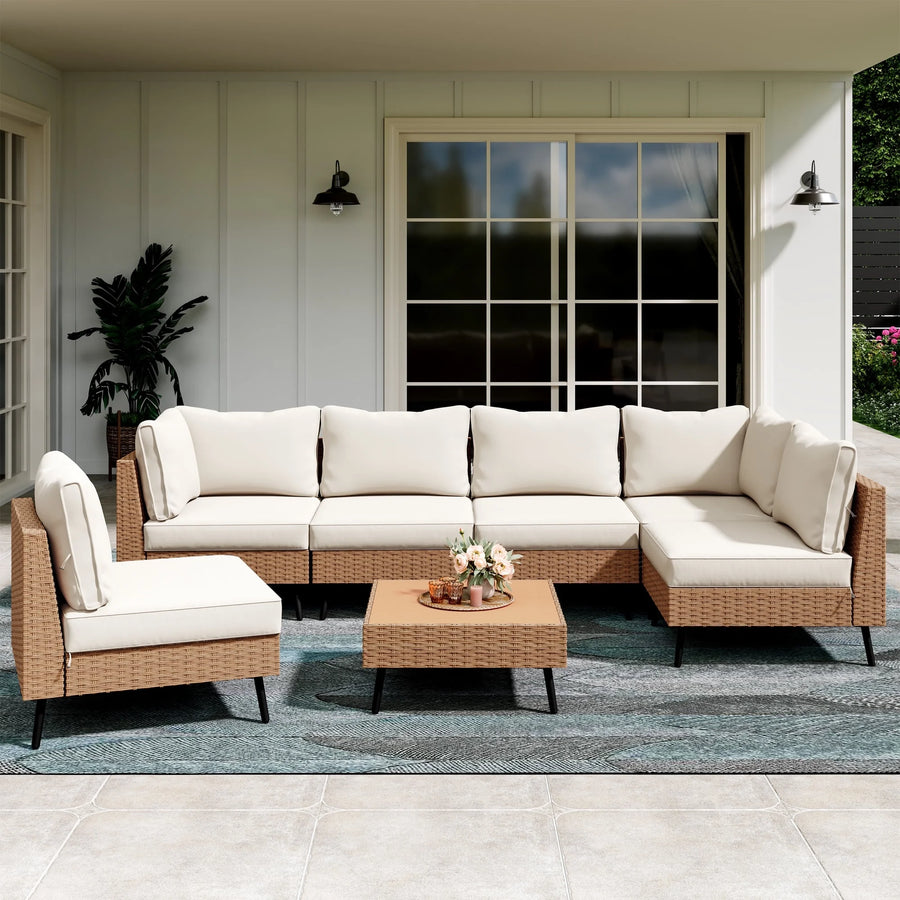 LAUSAINT HOME 7 Pieces Outdoor Furniture Set, Patio Modern Rattan Wicker Sectionals with 6 Chairs and 1 Coffee Table, Beige Cushions