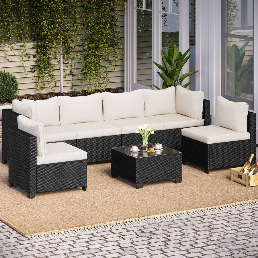 LAUSAINT HOME 7 Pieces Patio Conversation Set, Outdoor Sectionals with 6 Chairs and 1 Coffee Table, Beige Cushions