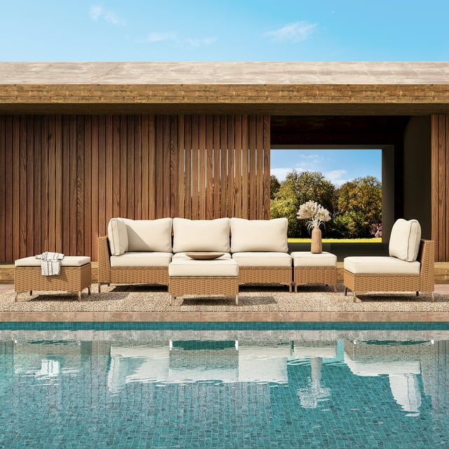 LAUSAINT HOME 7 Pieces Patio Conversation Set with Hidden Storage Function, Outdoor Natural Color Rattan Sofa with Plush Beige Cushions