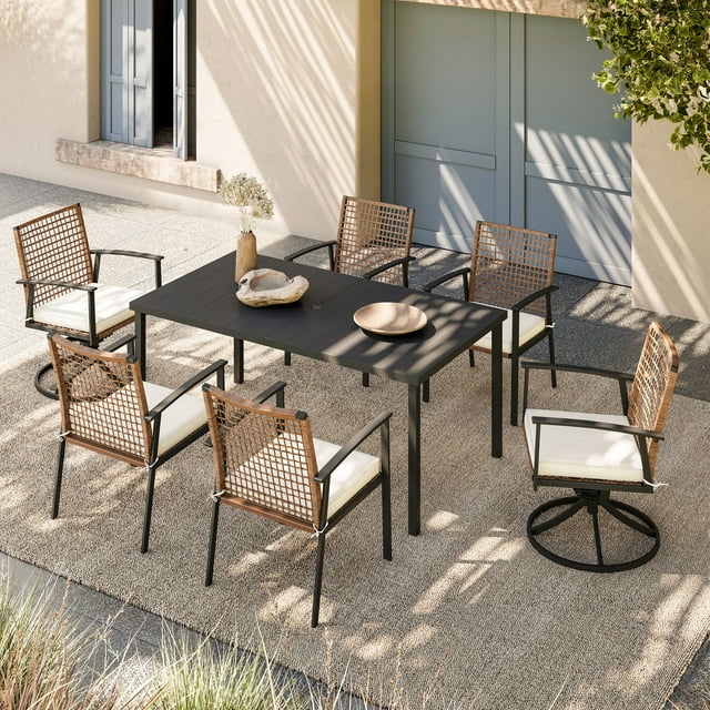 LAUSAINT HOME 7 Pieces Patio Dining Set, 4 Outdoor Standard Dining Chairs, 2 Swivel Chairs with Beige Cushions and 1 Rectangular Table