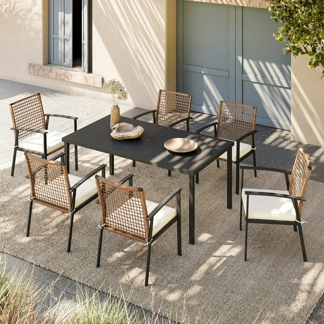 LAUSAINT HOME 7 Pieces Patio Dining Set, 6 Outdoor Dining Chairs with Beige Cushions & 1 Rectangular Table