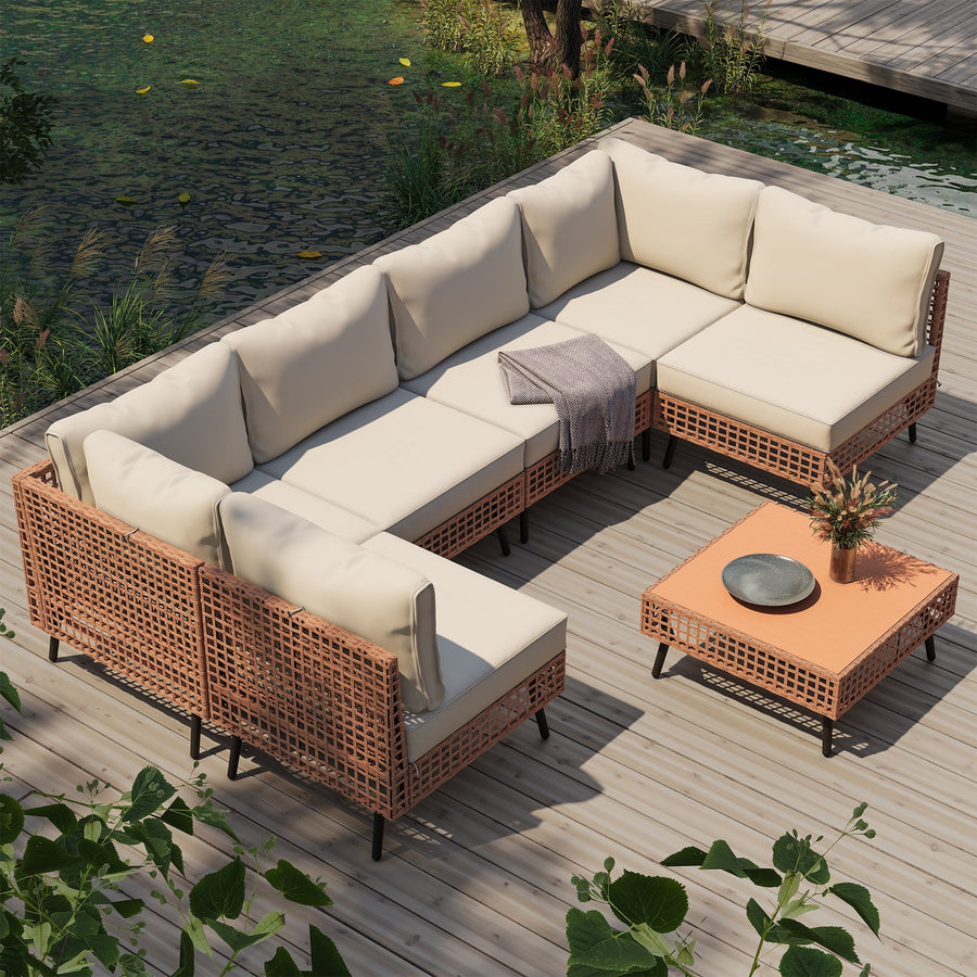 LAUSAINT HOME 7 Pieces Patio Furniture Set, Outdoor Conversation Set with Brown Hollow Wicker Chairs & Coffee Table, Beige Cushions