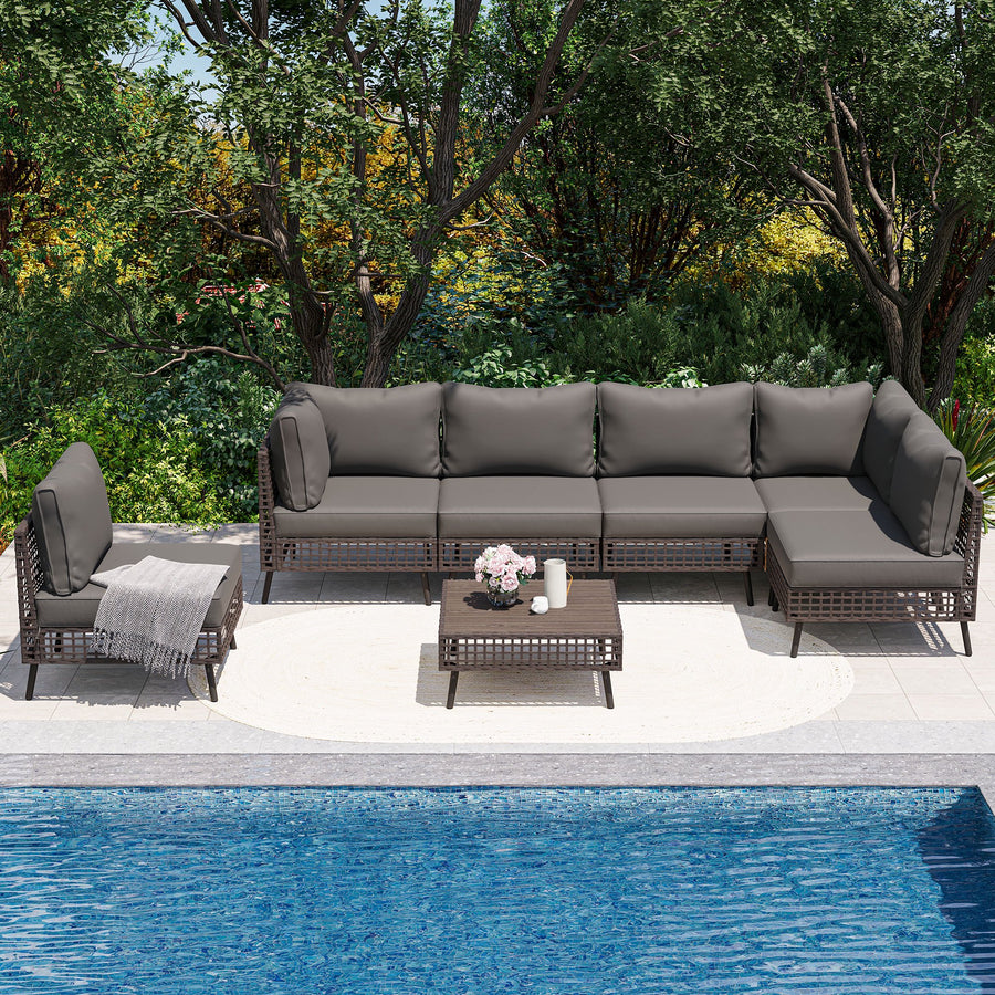 LAUSAINT HOME 7 Pieces Patio Furniture Set, Wicker Sectional Seating Group with Gray Cushions