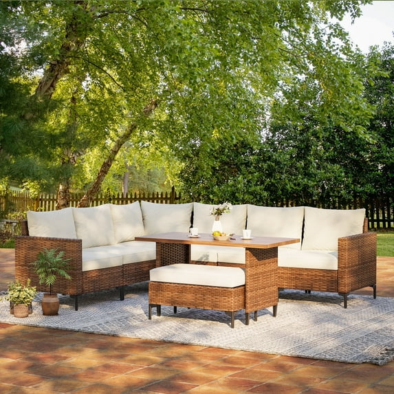 LAUSAINT HOME 8-Piece Patio Furniture Set, Outdoor Wicker Conversation Set with Storage Ottoman & Adjustable Backrest, Beige Cushions