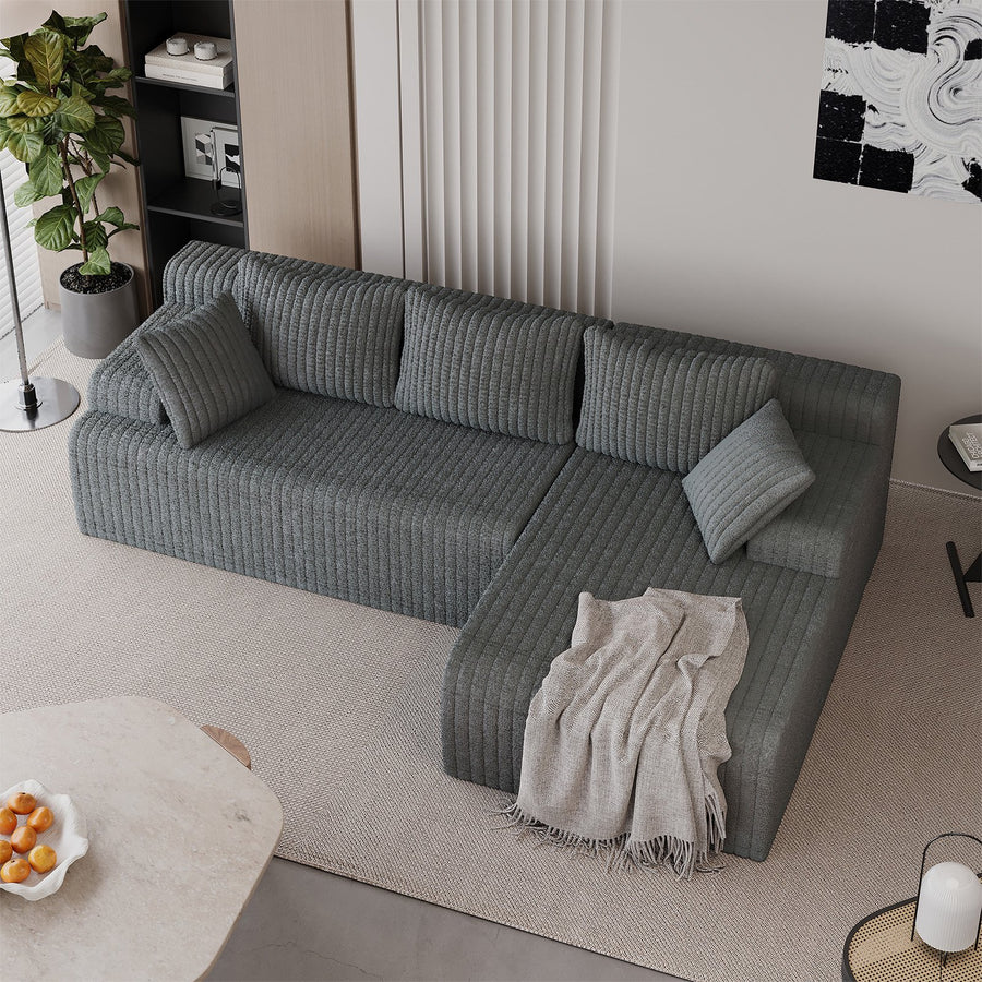 KAMEROUT 96" Boneless Sectional Sofa, L-Shaped Modular Cloud Couch with Deep Seat & Plush Corduroy Fabric (Gray, Right)