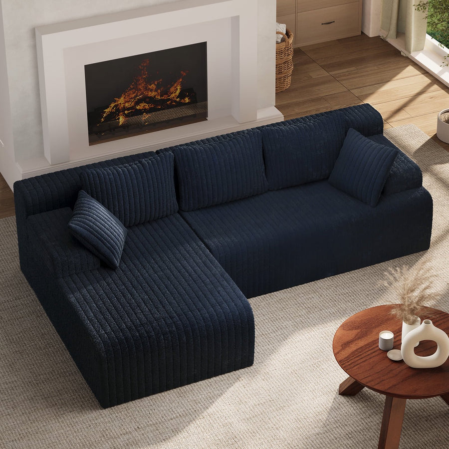 KAMEROUT 96" Boneless Sectional Sofa, L-Shaped Modular Cloud Couch with Deep Seat & Plush Corduroy Fabric (Navy Blue, Left)
