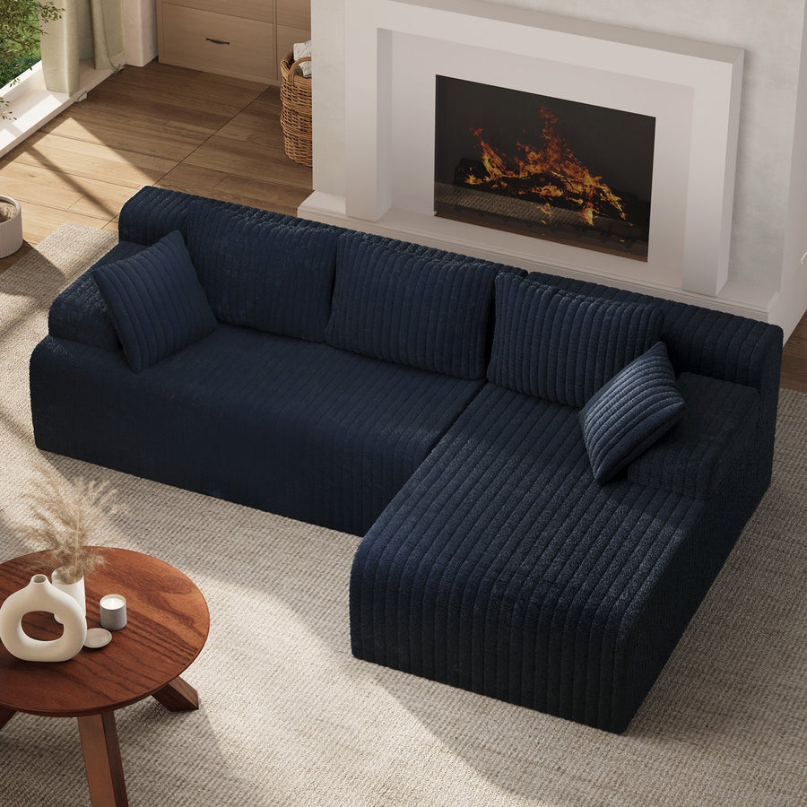KAMEROUT 96" Boneless Sectional Sofa, L-Shaped Modular Cloud Couch with Deep Seat & Plush Corduroy Fabric, (Navy Blue, Right)