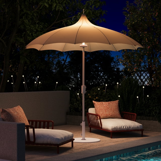 LAUSAINT HOME 9FT Pagoda Patio Market Umbrella with LED Lights, Push Button Tilt & Easy To Crank, 360° Rotation Design, Gradient Champagne