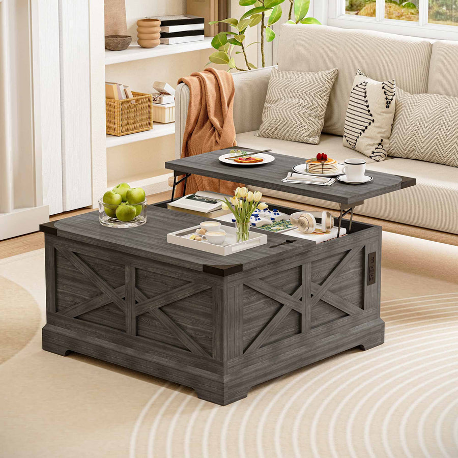 LAUSAINT HOME Lift Top Coffee Table, Wood Square Center Table with Large Hidden Storage Compartment, Gray
