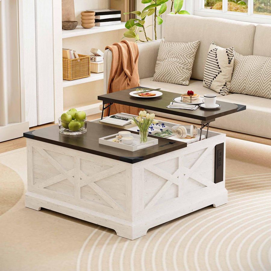 LAUSAINT HOME Lift Top Coffee Table, Wood Square Center Table with Large Hidden Storage Compartment, White
