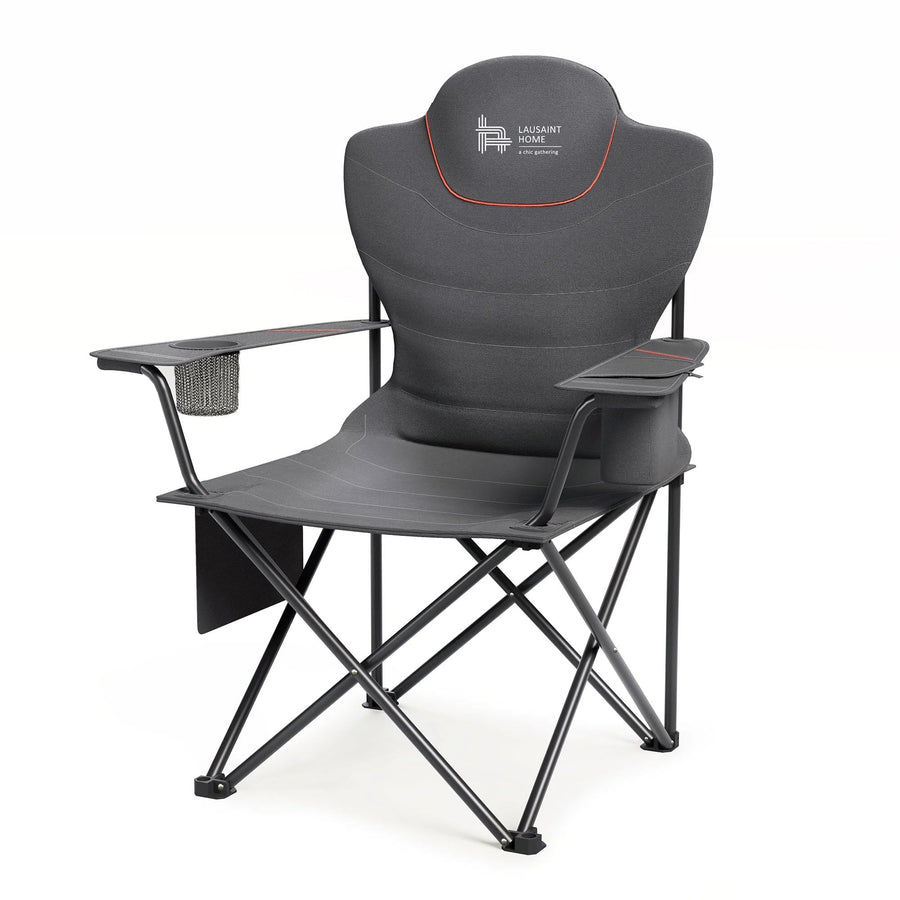LAUSAINT HOME Outdoor Camping Chair, Portable Folding Chair with Cup Holder, Cooler Bag, Storage Pocket, Lumbar Support & Head Pocket