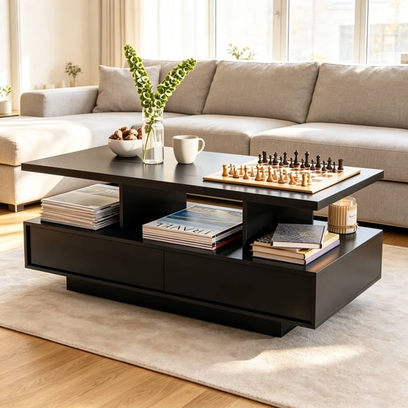 LAUSAINT HOME Modern LED Coffee Table with Storage Drawers, APP & Remote Controlled Color Changing LED Lights, 41 Inch Rectangle Black MDF Coffee Table for Living Room