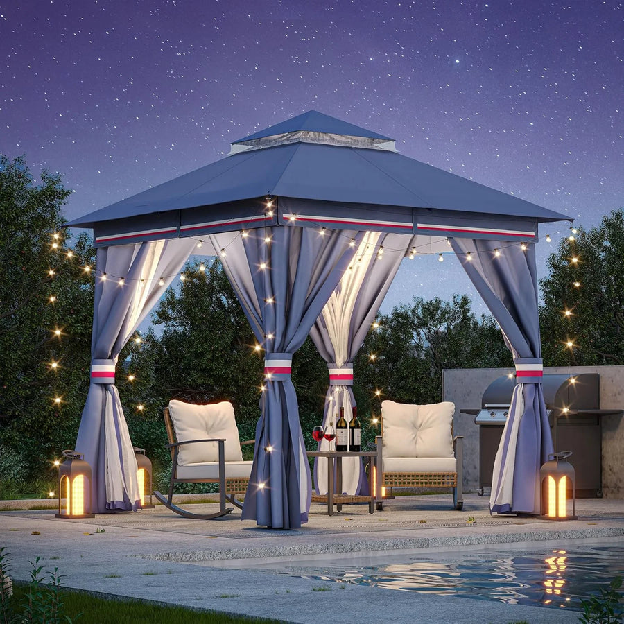 LAUSAINT HOME Outdoor Gazebo 8'x8', Double Roof Gazebo with Mosquito Nettings and Privacy Screens, Classic Blue