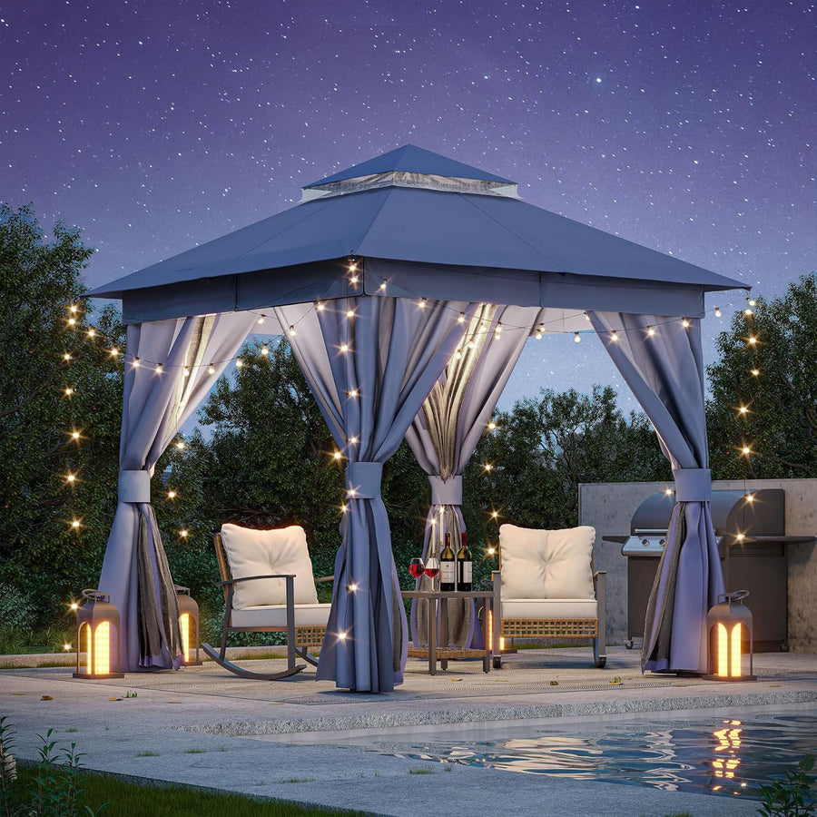 LAUSAINT HOME Outdoor Gazebo 8'x8', Double Roof Gazebo with Mosquito Nettings and Privacy Screens, Navy Blue