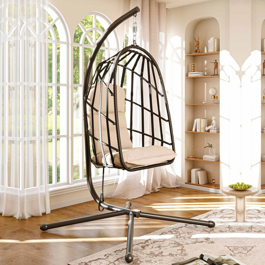 LAUSAINT HOME Outdoor Rattan Hammock Chair with Cushions ,Foldable Wicker Swing Egg Chair with Stand (Beige)