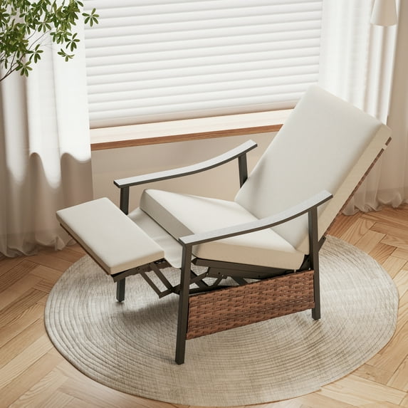LAUSAINT HOME Outdoor Recliner Chair, Wicker Patio Lounge Chair with Adjustable Backrest & Footrest, Olefin Cushion