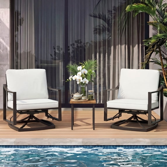 LAUSAINT HOME Outdoor Rocking Bistro Set, 3 Piece Patio Conversation Set with 4" Thick Cushions & Wood-Like Coffee Table, Oversized Rocking Chairs for Garden Porch Backyard (Beige