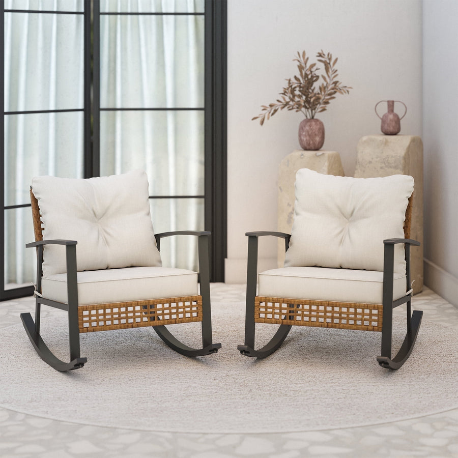 LAUSAINT HOME Outdoor Wicker Chair, Patio PE Rattan Chair with Beige Cushions, 2 PCS