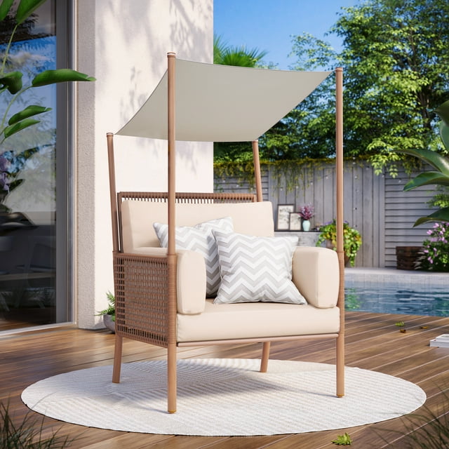 LAUSAINT HOME Outdoor Wicker Chair with Top Canopy for Sunshade, Oversized Patio Rattan Chair with Plush Beige Cushions