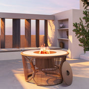 LAUSAINT HOME Outdoor Wicker Fire Pit Table with Metal Lid & Fire Tong, Brown
