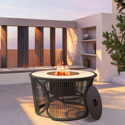 LAUSAINT HOME Outdoor Wicker Fire Pit Table with Metal Lid & Fire Tong, Dark Gray