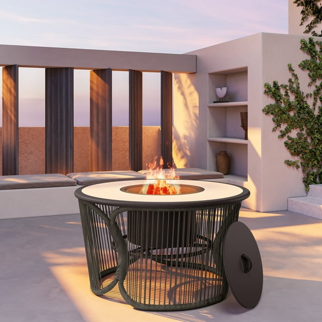 LAUSAINT HOME Outdoor Wicker Fire Pit Table with Metal Lid & Fire Tong, Dark Gray