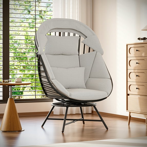 LAUSAINT HOME Oversized Wicker Egg Chair, 360° Swivel Indoor Outdoor Patio Lounger with with Cushion & Sunshade Brim
