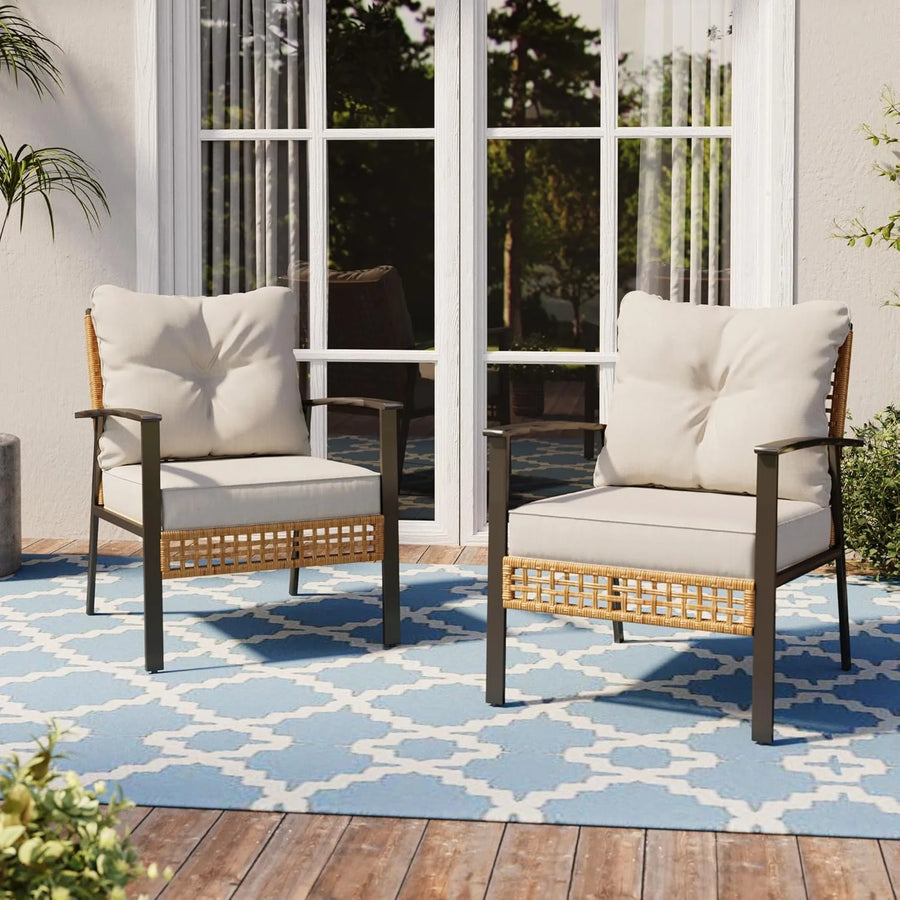 LAUSAINT HOME Patio Conversation Set, Modern Outdoor Wicker Furniture with 2 Chairs and Thick Beige Cushions for Backyard, Garden