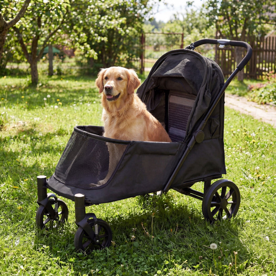 LAUSAINT HOME 4 Wheels Pet Stroller, Foldable Extra Large Dog Stroller for Medium & Large Dogs/Cats with Built-in Access Ramp, Dog Carrier Cat Stroller with Breathable Mesh, Black