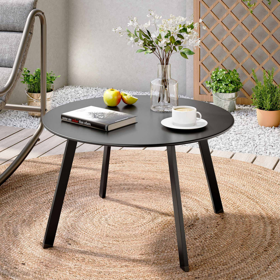 LAUSAINT HOME Round Outdoor Coffee Table, 27.6” Weather Resistant Metal Patio Side Table, Black