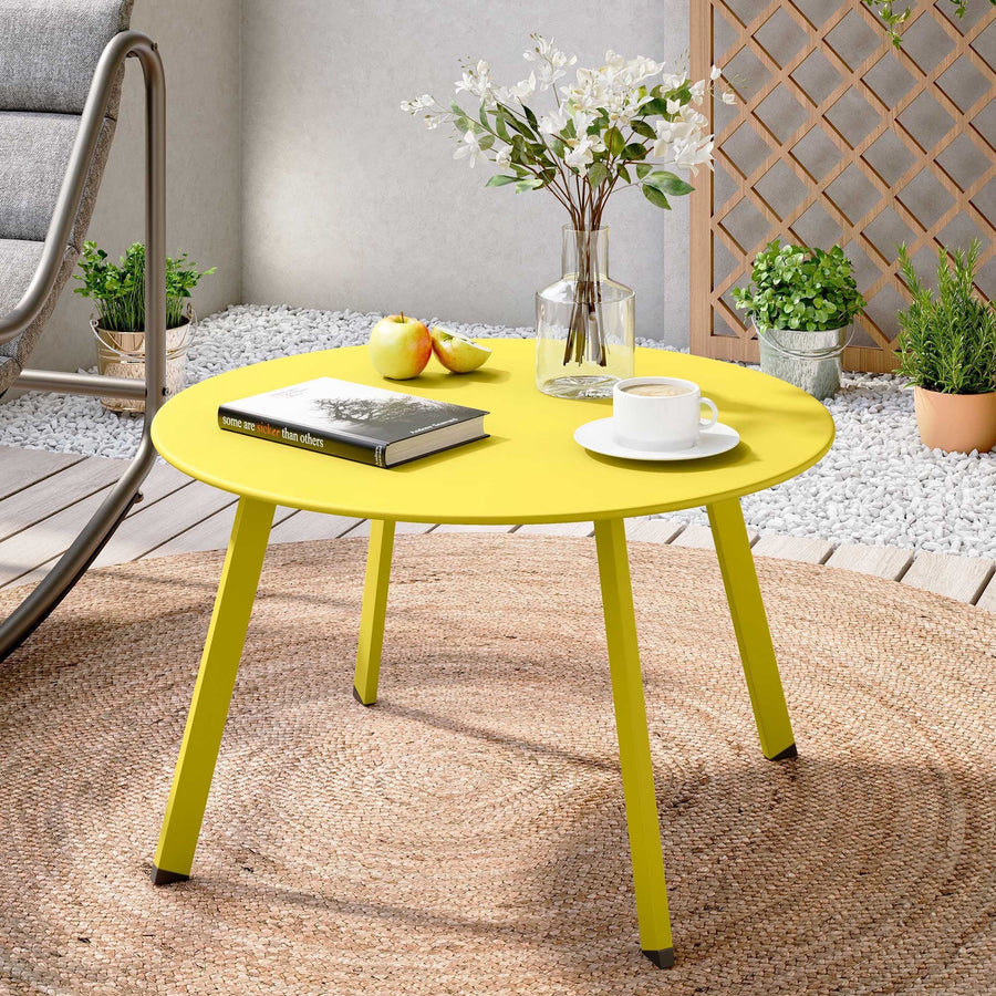 LAUSAINT HOME Round Outdoor Coffee Table, 27.6” Weather Resistant Metal Patio Side Table, Yellow