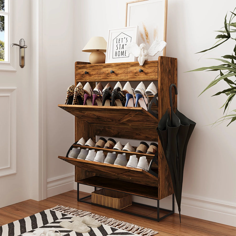 LAUSAINT HOME Shoe Storage Cabinet, Narrow Shoe Rack Organizer with 2 Flip Drawers and 3 Storage Drawers for Entryway, Hallway, Rustic Brown