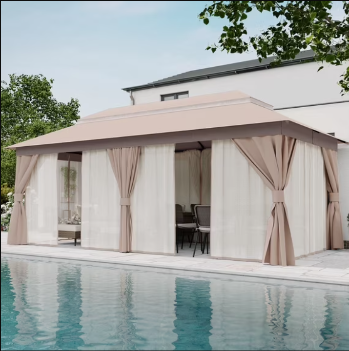 LAUSAINT HOME 10'x20' Outdoor Patio Gazebo, Heavy Duty Semi-Permanent Gazebo Tent with Double Roof, Mosquito Netting & Privacy Curtains, Metal Frame Backyard Canopy for Garden, Lawn, Party, Khaki