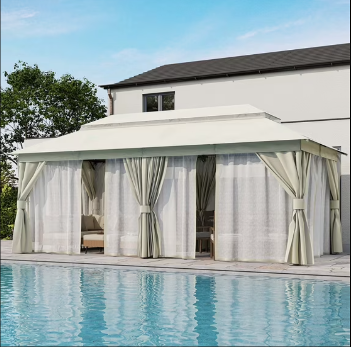 LAUSAINT HOME 10'x20' Outdoor Patio Gazebo, Heavy Duty Semi-Permanent Gazebo Tent with Double Roof, Mosquito Netting & Privacy Curtains, Metal Frame Backyard Canopy for Garden, Lawn, Party, White