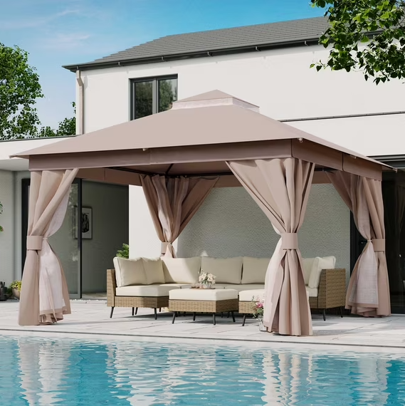 LAUSAINT HOME 12'x12' Outdoor Patio Gazebo, Heavy Duty Semi-Permanent Gazebo Tent with Double Roof, Mosquito Netting & Privacy Curtains, Metal Frame Backyard Canopy for Garden, Lawn, Party, Khaki