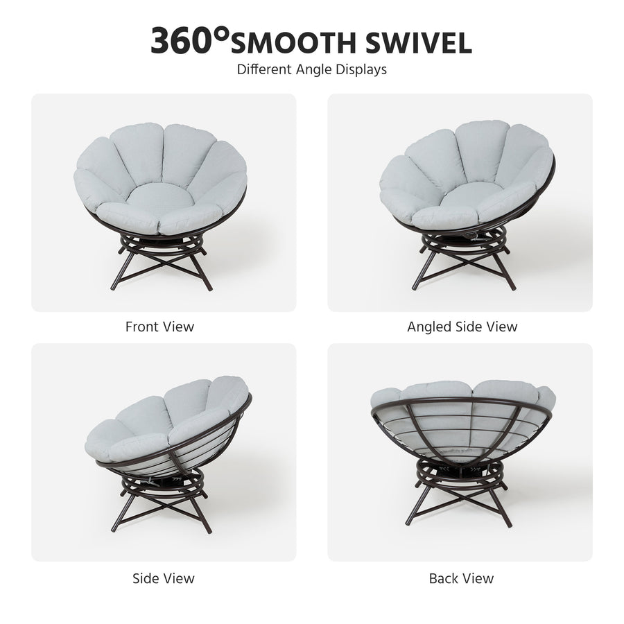 LAUSAINT HOME 40'' Papasan Chair, 360° Swivel Accent Chair with Ergonomic Petal-Shaped Gray Cushion, Olefin Fabric, Supports up to 400 lbs