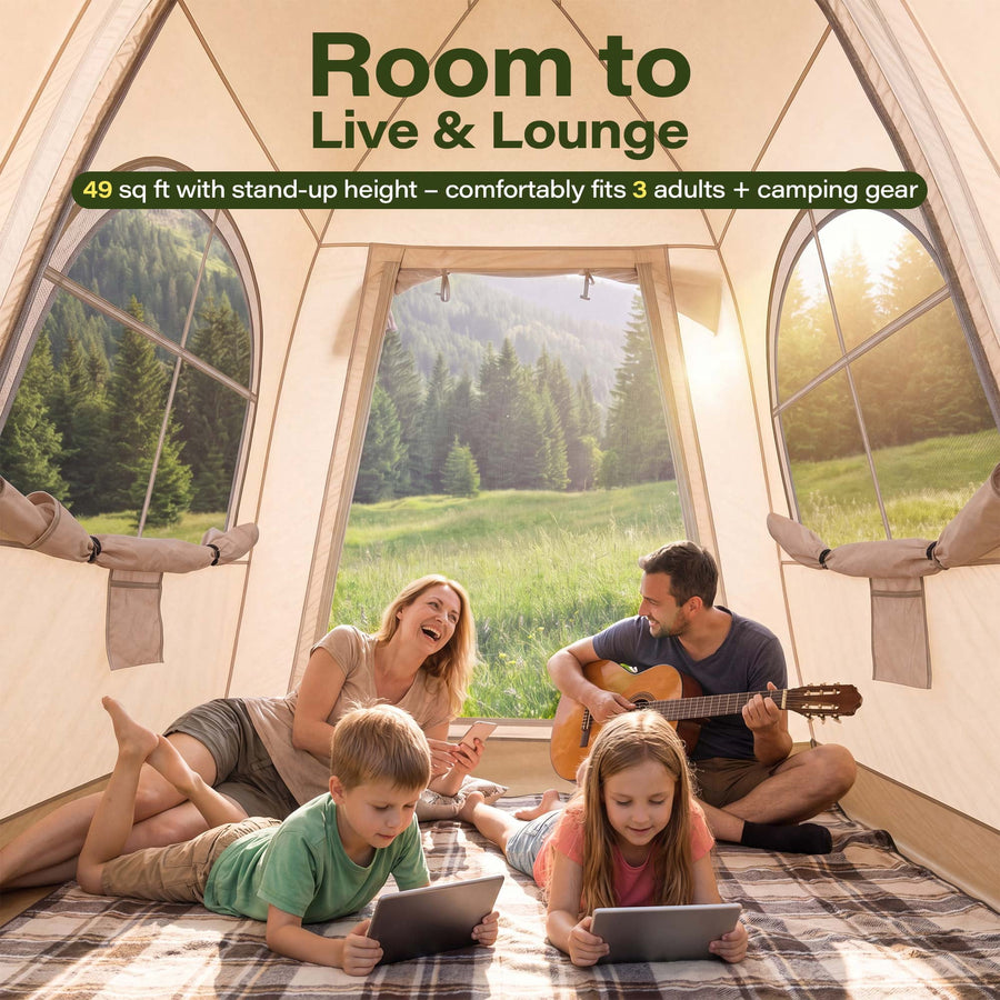 KAMEROUT Inflatable Tent 3 Person Glamping Tent with Easy Air Pump Setup, All-Weather Waterproof Oxford Luxury Blow Up Air Camping Tent with Mesh Window, Inflatable House, Khaki