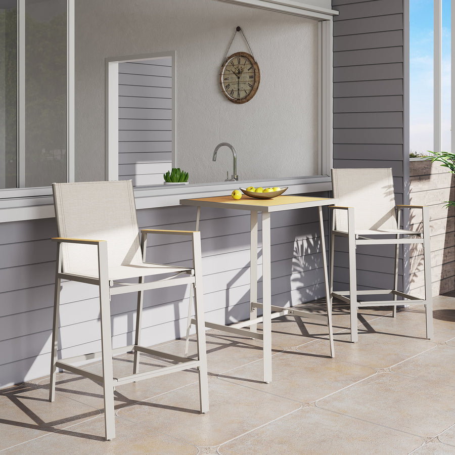 LAUSAINT HOME 3 Pieces Patio Bistro Set, All Weather Textilene Fabric, 2 Height Bar Stools with Wood Grain Top Coffee Table, Beige