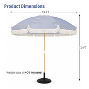 KAMEROUT 7.5ft Fringe Patio Umbrella, Blue Striped Outdoor Market Umbrella with UV50+ Protection, Steel Pole, Hand Push Lift for Garden, Deck, Backyard, Poolside