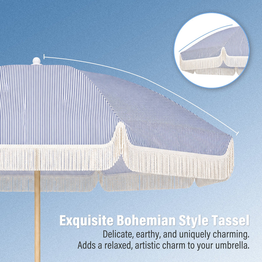KAMEROUT 7.5ft Fringe Patio Umbrella, Blue Striped Outdoor Market Umbrella with UV50+ Protection, Steel Pole, Hand Push Lift for Garden, Deck, Backyard, Poolside
