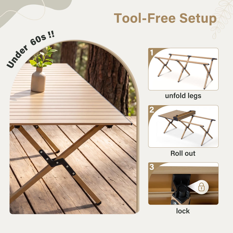 LAUSAINT HOME Khaki Foldable Camping Table, Roll-up Lightweight Steel Portable Outdoor Picnic Table
