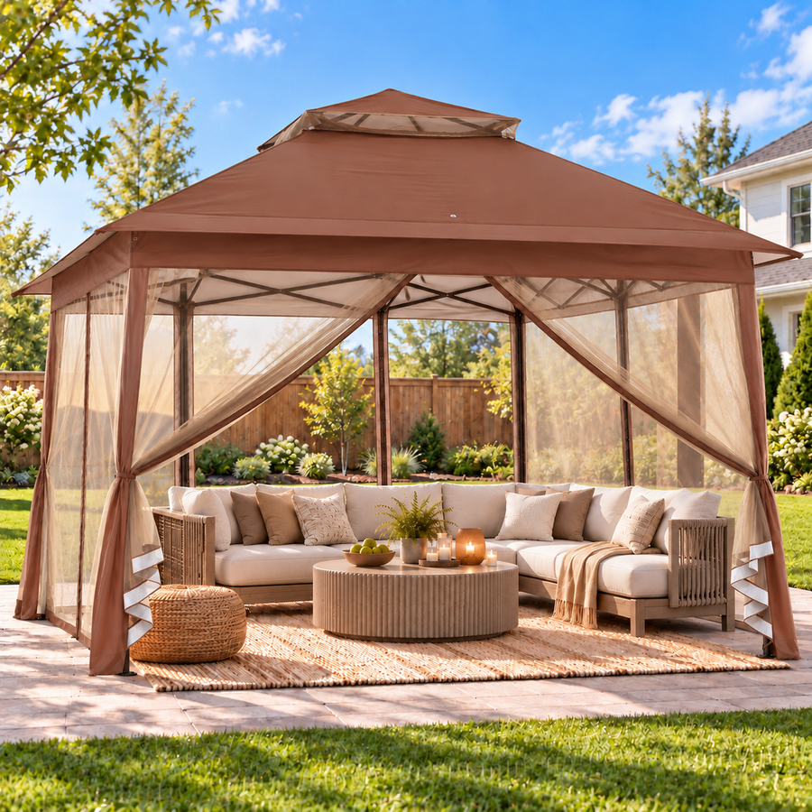 LAUSAINT HOME 11x11 Pop Up Gazebo with Mosquito Netting, Portable Outdoor Gazebo Canopy Tent with Sidewalls, One Push Instant Setup & Adjustable Height for Patio Backyard Party BBQ Deck, Brown