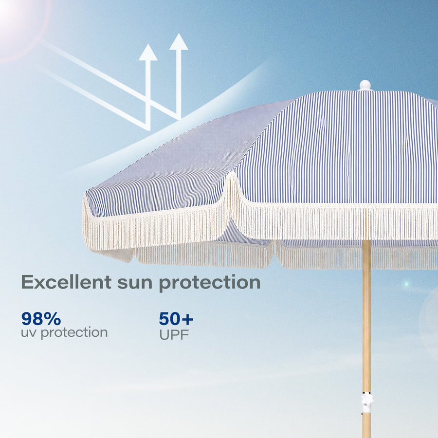 KAMEROUT 7.5ft Fringe Patio Umbrella, Blue Striped Outdoor Market Umbrella with UV50+ Protection, Steel Pole, Hand Push Lift for Garden, Deck, Backyard, Poolside